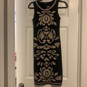 NWT Inc brand dress with beige embroidery and clear crystals mid length XS